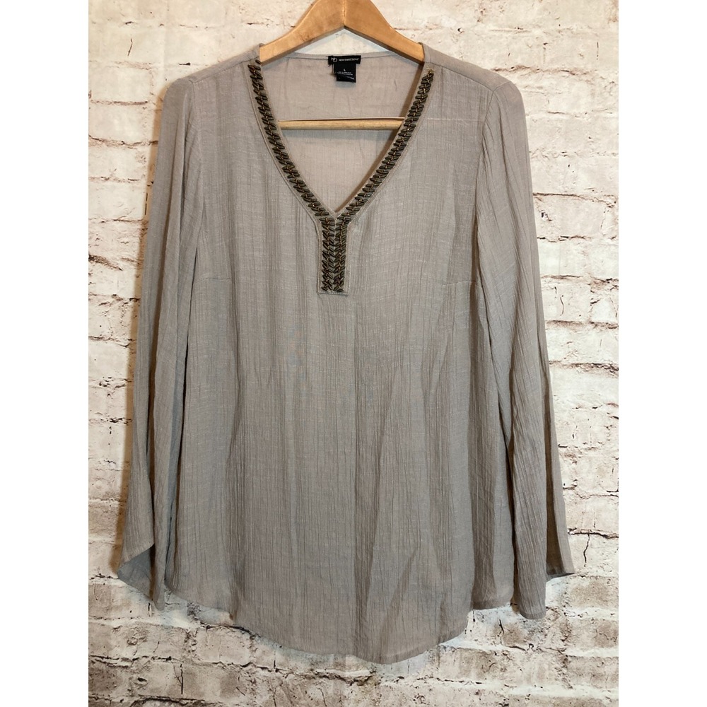 New Directions Top Womens Large Light Brown Tunic Beaded Lightweight V Neck